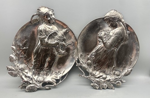 Rare WMF 1900 Set of ART NOUVEAU PEWTER CARD TRAY Rooster Boy Cherry Girl - 333