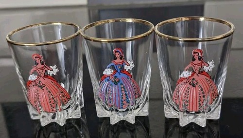Vintage French Shot Glasses With Crinoline Painting and Gold Rims. 3 Glasses