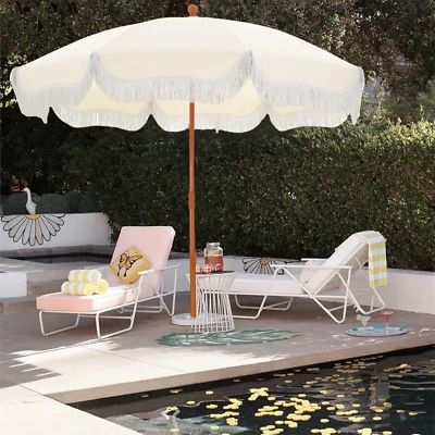 PHI VILLA 7ft Beach Umbrella Outdoor Patio Umbrella with Tassel Sunshade UPF 50+ Beige