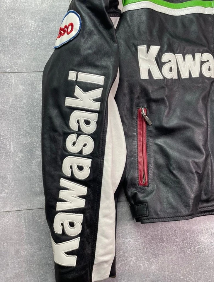 Chaqueta de cuero de vaca genuina Kawasaki para hombre equipo de carreras de motocicletas Foto 2 de 4