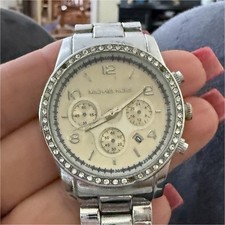 Michael Kors Women s Silver Stainless Chronograph Quartz Watch Gem-Set Bezel