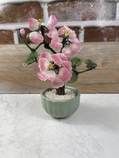 Vintage Chinese Glass Bonsai Tree Celadon Jade Color Pot Agate Quartz Flowers 6"