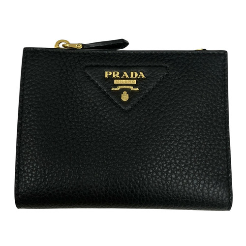 Prada Saffiano Triangulo Bifold Wallet Black Gold M050 Used