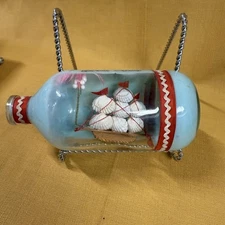 Vintage Grand Cayman Shell Ship in Bottle Souvenir w/ Stand Nautical Decor