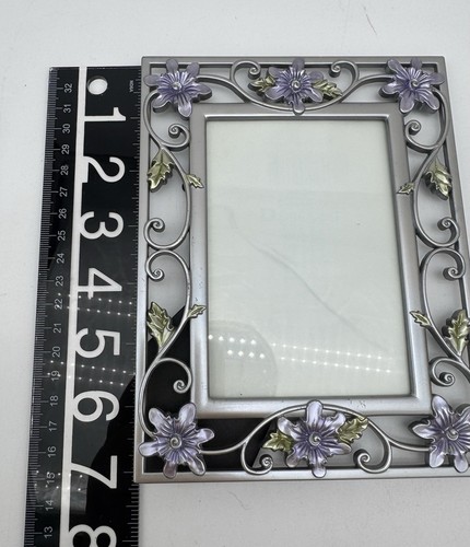 Picture Frame Sliver Metal Flowers Vine Purple And Green Pewter? Stand 3.5 X5 - Picture 4 of 5