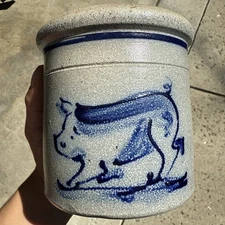 Vtg 1987 Rowe Pottery Works Salt Glazed Stoneware Pig Crock Pot