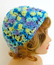 CLASSIC BOHO BEANIE HAT CAP BLUE YELLOW PRINT MESH OPEN WEAVE HANDMADE CROCHET