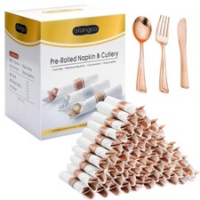 50 Pack Pre Rolled Rose Gold Plastic Silverware Set with Napkins,Disposable W...