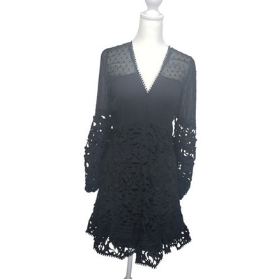 INA Gothic Black Lace Dress Juniors S Sheer Long Sleeves V-Neck Whimsigoth Mini