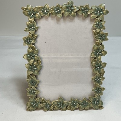 Vintage Metal Frame With Green Tone Enamel Flowers And Rhinestone For 6x4 Photos