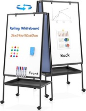 MAKELLO Rolling Whiteboard with Stand 90x60cm Double-Sided Flipchart & Tray