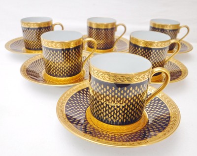 Limoges Dresden Minton Coalport Neo Classical Cobalt & Gold Coffee C&S's Set 2