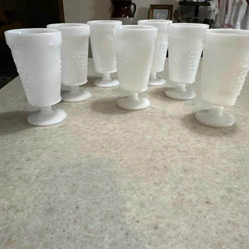 Vintage Anchor Hocking Milk Glass Harvest Grape Footed Tumblers 10 oz Set of 7