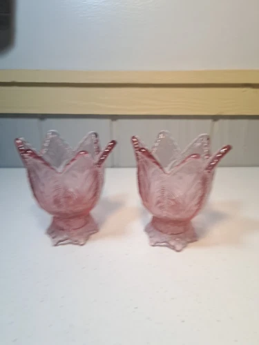 Pair Of 2 Vtg Fenton Art Glass Tulip Shape Pink Two Way Votive/Candle Holder USA