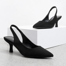 Women Slingback Pumps Low Kitten Heel Pointed Toe Wedding Dress Shoes NEW