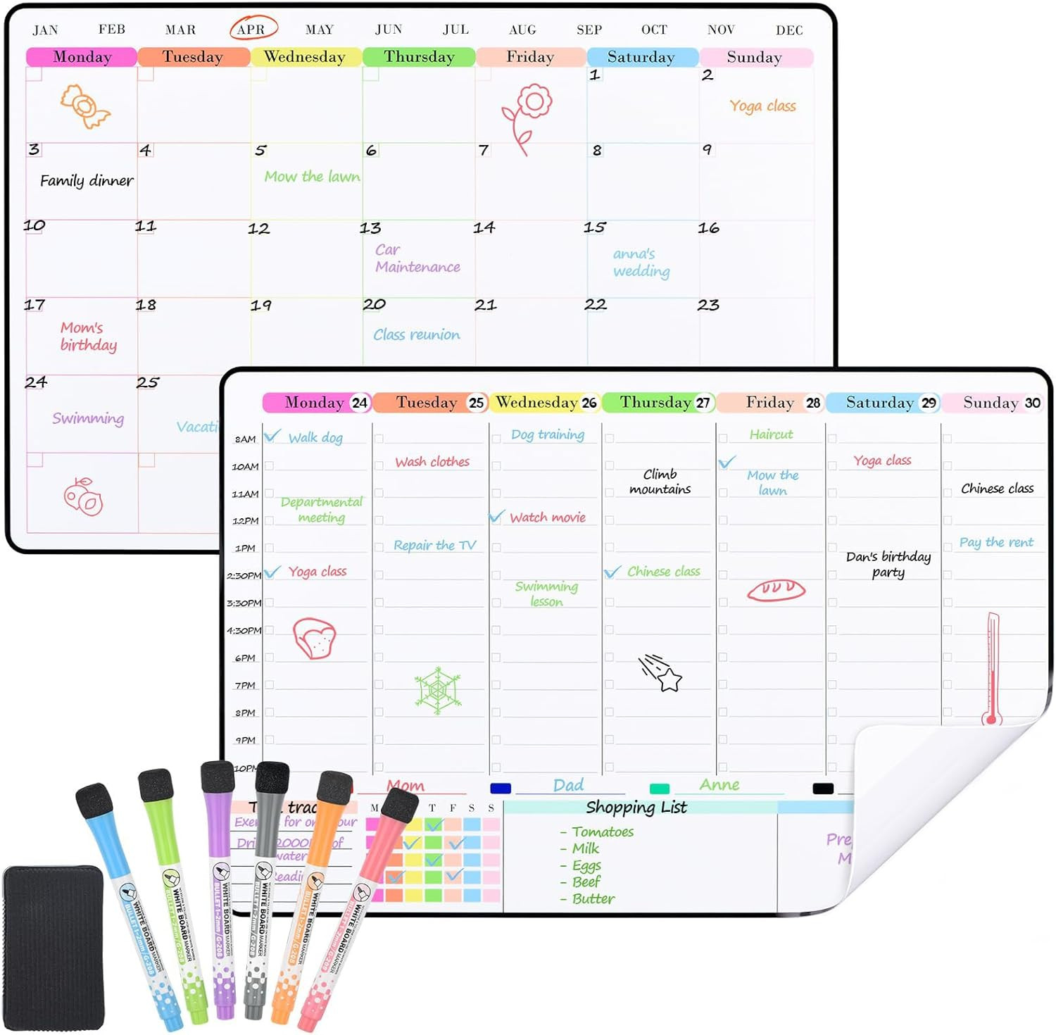 2 Pack A3 Whiteboard for Fridge, Self Adhesive Wall Planner Weekly and Monthly,