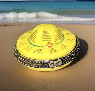 Vintage LIMOGES STYLE handpainted Yellow Bonnet/Sunhat Trinket Box
