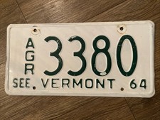 Vintage Vermont VT License Plate 1964 AGR Green White USA!