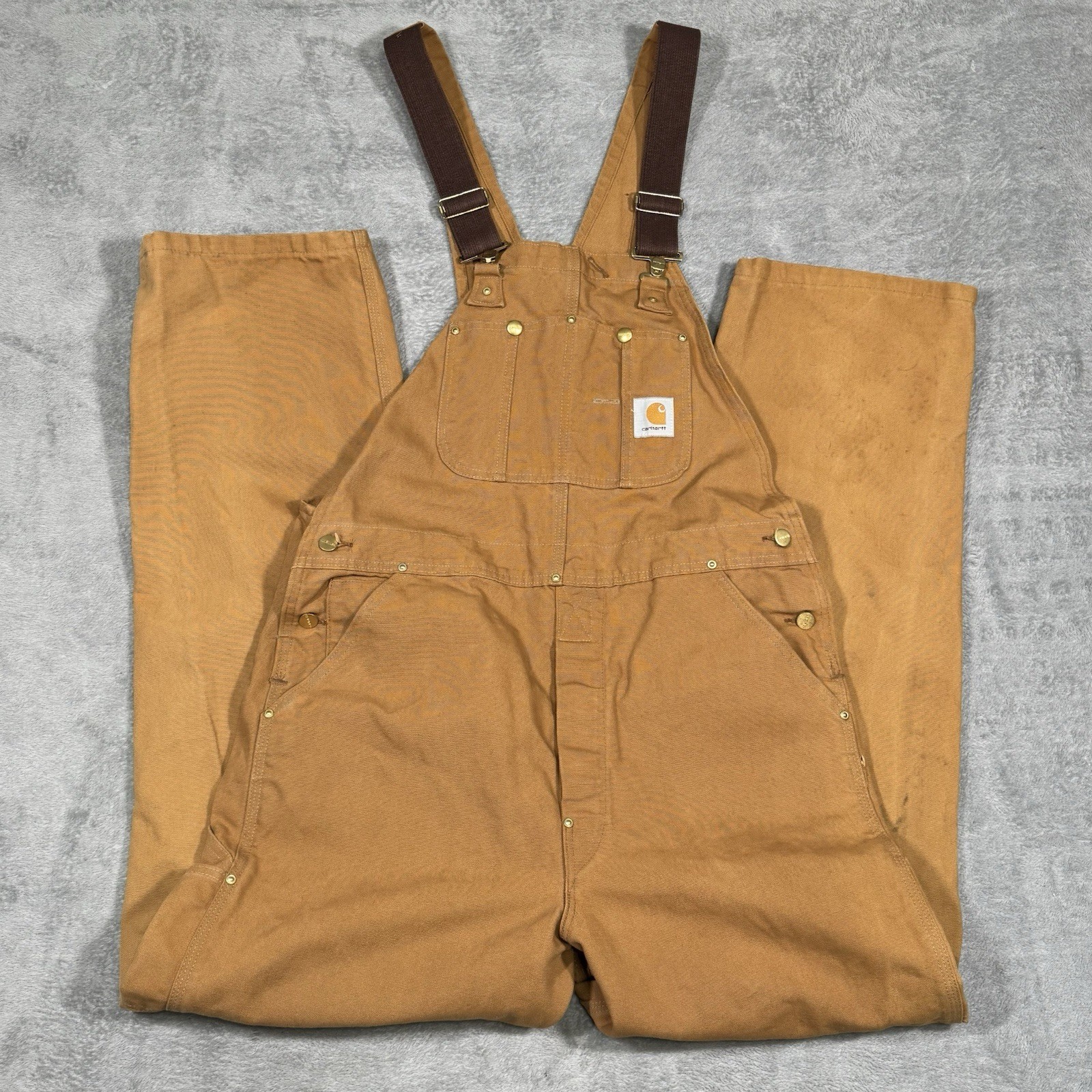 VTG Carhartt Brown Duck Bib Overalls Men 40x32 Double Knee USA Workwear Zip Hem