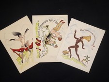Paul-Francois MORVAN, illustrateur. 3 cartes autographes illustrées - Dessins