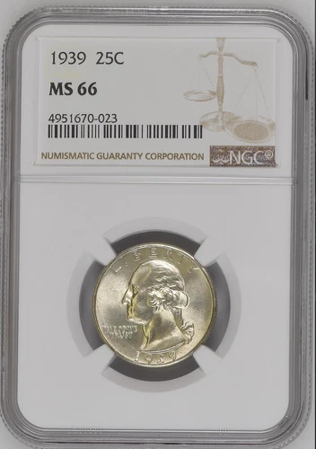 :1939-P S25C WASHINGTON SPOTLESS NEAR SUPERB NGC MS66 BLAST WHITE R3 HIGH GRADES