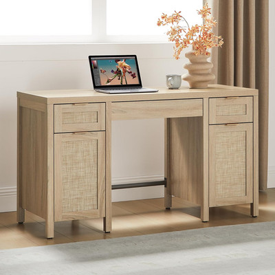 Rattan Executive Desk with Storage - 52'' Large Home Office Desk with 3 Drawers a