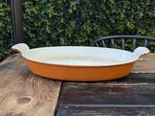 Vintage Oval Baking Roasting Gratin Dish Cast Iron Enamel in Orange 28 France