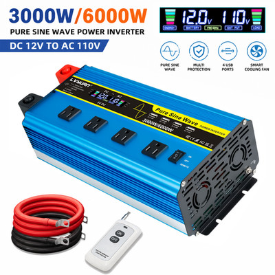 3000W 6000W Power Inverter Pure Sine Wave 12V DC to 110V AC with Remote Control