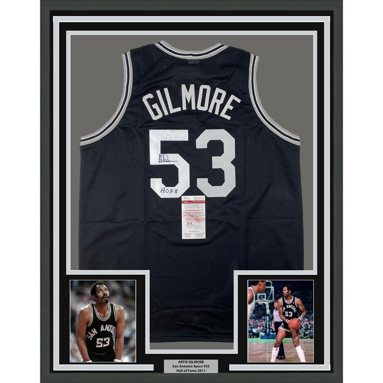 Artis Gilmore Autographed Signed San Antonio Spurs Framed / HOF 11 33x42 Black Jersey JSA COA 