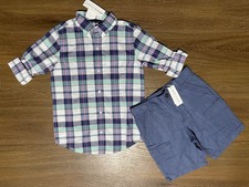 New Janie  Jack Button Down Plaid Shirt  Linen Cargo Shorts sz.8 Adj. Waist