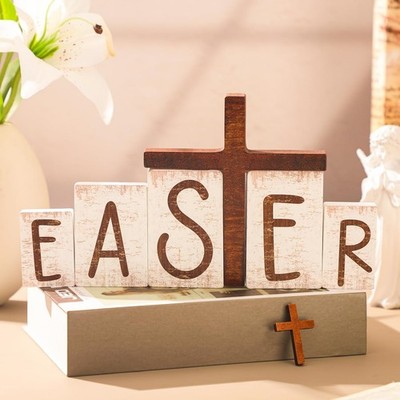 6 PCS He is Risen Easter Table Decorations Wooden Cross Signs Tray Decor