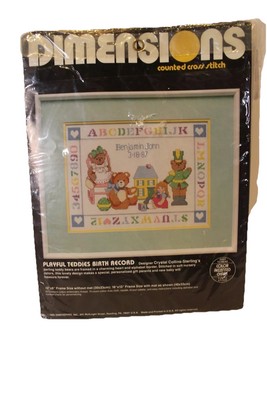 Dimensions Counted CrossStitch Playful Teddies Birth Record 16x13 Framed Vintage