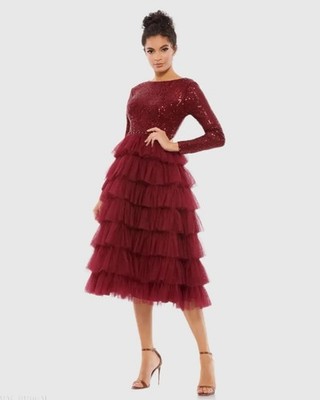 Women's Ieena for Mac Duggal Long Sleeve Ruffle Tiered Midi Dress Size 6