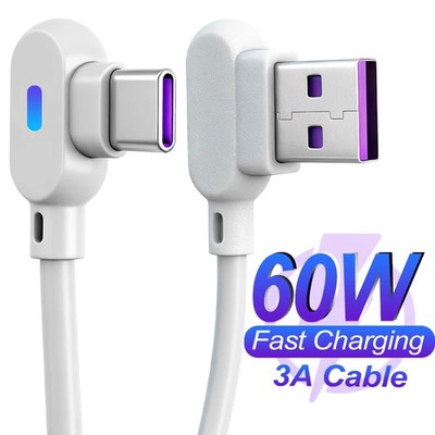 USB Type C Cable Fast Charging 3A 60W Type-C Wire Date Cables Cord 90 Degree Up 