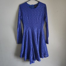 Romantic Cobalt Blue Lace Coquette Dress Size M Long Sleeve Fit & Flare Skater 