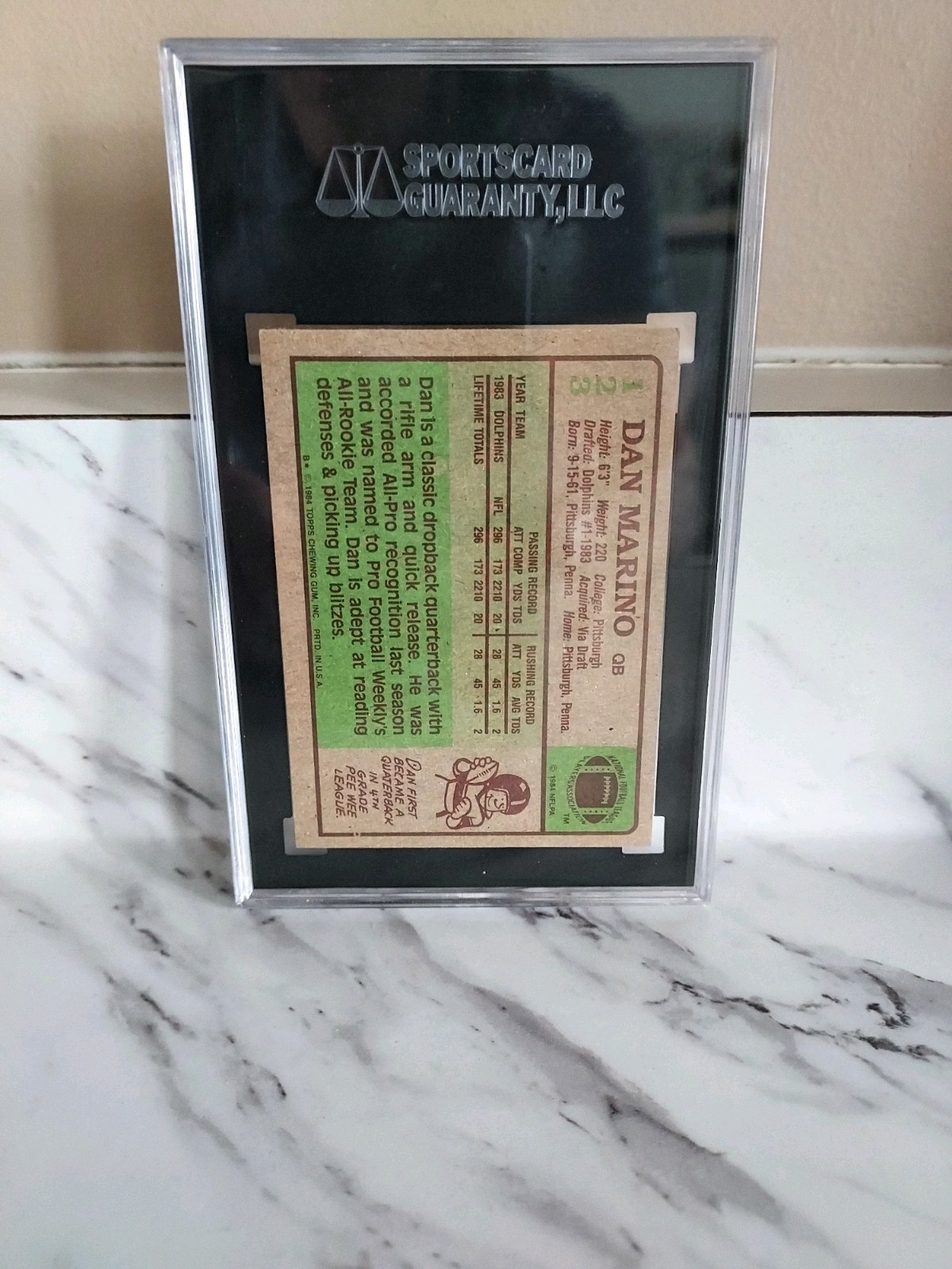 Dan Marino 1984 Topps Rookie Football Card  #123 Graded N-Mint 7 Dolphins HOF view 4