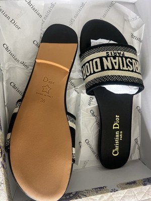Christian Dior Logo Slide Sandals Black/Beige Slip-On Fabric US 8.5