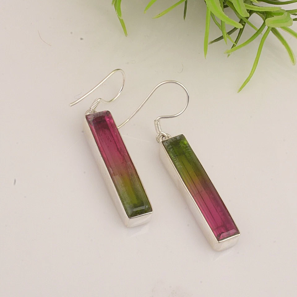 Lindo pendiente colgante sandía turmalina piedra grande plata de ley 925 para mujer Foto 3 de 4