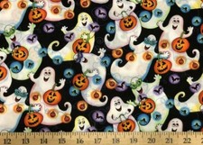 Halloween Ghost Trick or Treat Happy Ghosts Spooky Halloween Black Cotton Fabric