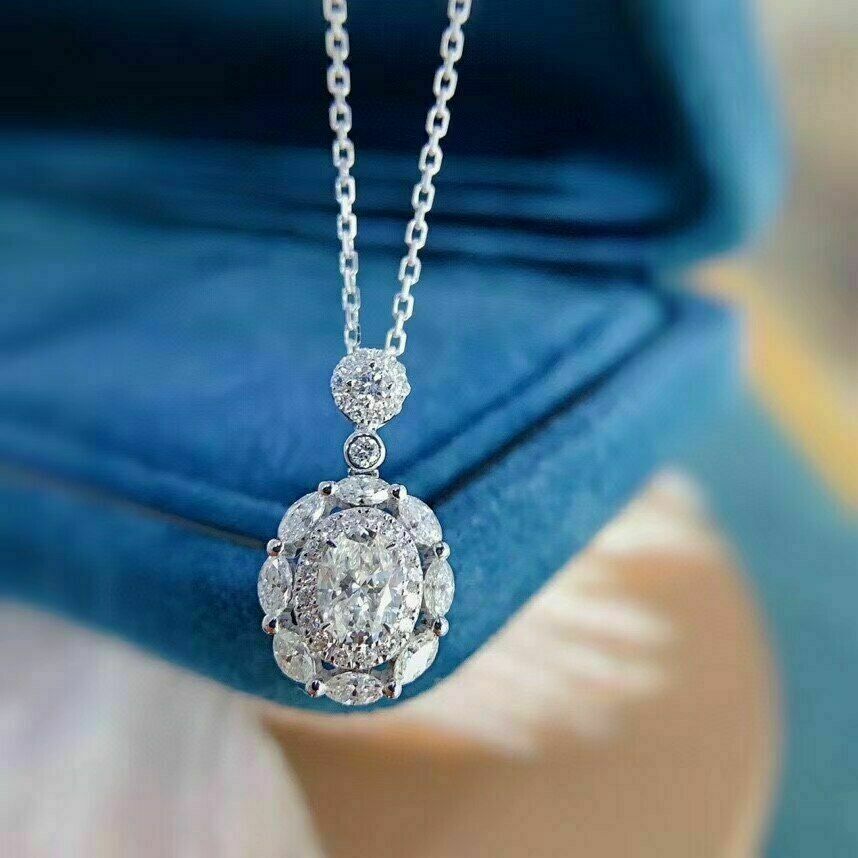 2.30Ct Oval Cut VVS1/D Diamond Halo Pendant 14K White Gold Finish No Chain