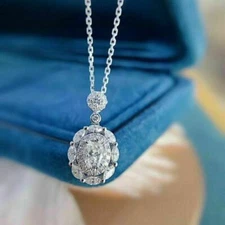 2.30Ct Oval Cut VVS1/D Diamond Halo Pendant 14K White Gold Finish No Chain