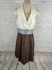 Willow Glenn White Blue Brown Lined Collared Sleeveless A Line Dress Women’s 4P