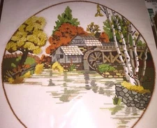 Sunset Stitchery Designs Kit 2473 Fall Mill Pond Crewel Embroidery Wool 1978