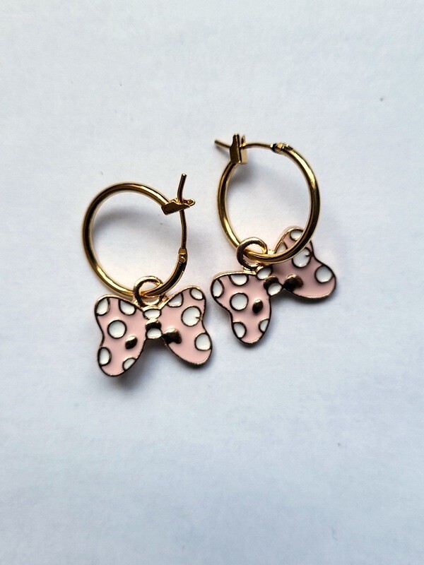 Gold-toned Drop Hoop Earrings with Pink Bow Charm Unique Holiday Gift for Women-image