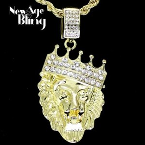 Authentic Mighty Lion Iced Crown Cz Pendant 24" Chain 14k Gold Plated Hip Hop Jewelry