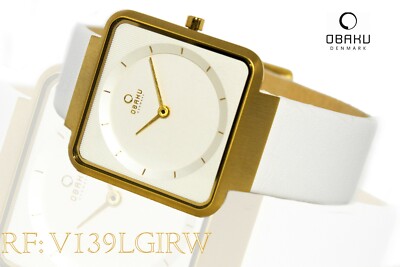 OBAKU Denmark Damenuhr V139LGIRW Edelstahl vergoldet quadratisch Lederband weiß