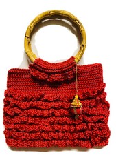 Handmade Crochet bag TOTE PURSE RED W/tassel RUFFLE boho BAMBOO handles NEW