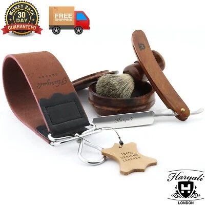 Herren Holz Rasierset mit Halsschnitt Rasierer Super Dachs Pinsel Strop und Schale