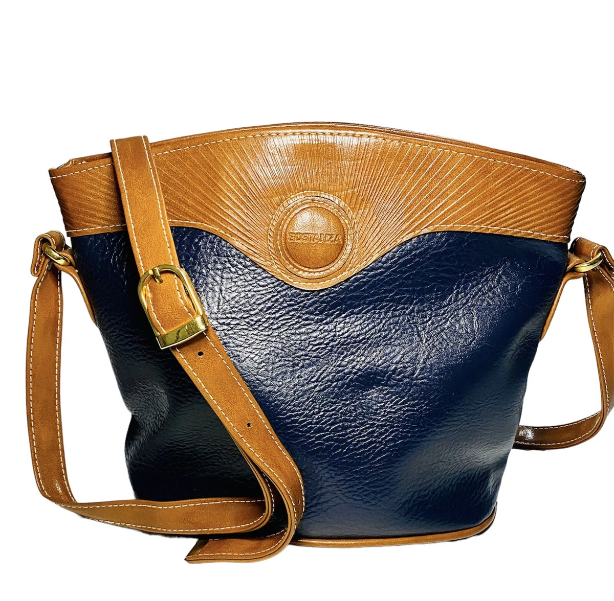 Navy and tan handbag sales