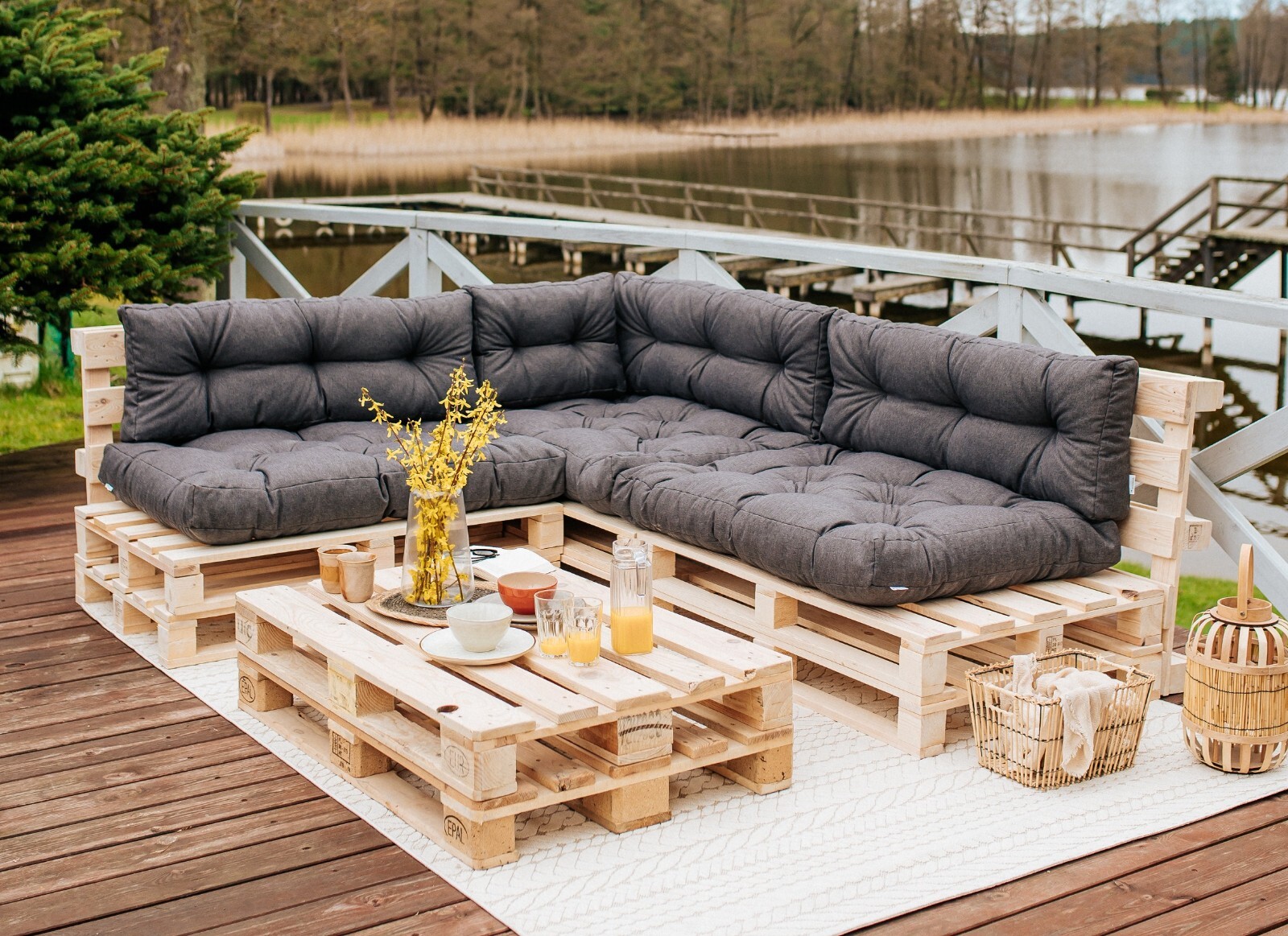 Garden Outdoor Pallet Cushions EURO Pallet Sofa Grey Tufted Quilted